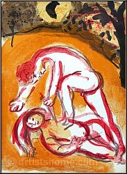 Marc Chagall: Cain et Abel, Lithographie originale Verve Bible 1960 - Le fratricide - uvre grav | estampes