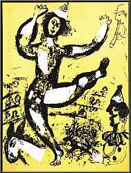 Marc Chagall:  Le Cirque  1960, Lithographie originale Mourlot, Composition aux clowns sur fond jaune