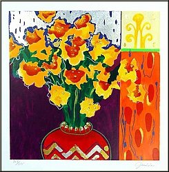 Liz Jardine: Jonquilles, 'Firecracker Floral', Fleurs, Srigraphie originale signe - uvre grav | estampes