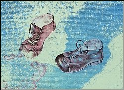 Reiner Schwarz: Lithographie signe  Kinderspiel  (bleu) 1974 Paire de chaussures pour enfants, pice unique