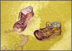 Reiner Schwarz: Lithographie signe Kinderspiel (jaune) 1974 Paire de chaussures pour enfants, pice unique