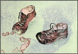 Reiner Schwarz: Lithographie signe  Kinderspiel  (vert ple) 1974, Paire de chaussures pour enfants