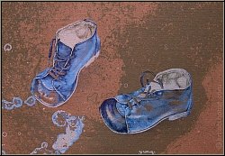 Reiner Schwarz: Lithographie signe  Kinderspiel  (rouge brique) 1974, Paire de chaussures pour enfants