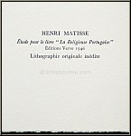 Henri Matisse: tude pour  La Religieuse Portugaise  Lithographie originale indite, ralise en 1946, Mourl